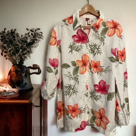 JM Collection Women’s Plus Size 16 Floral Linen Roll Tab Sleeve Button Up Shirt - Picture 1 of 4